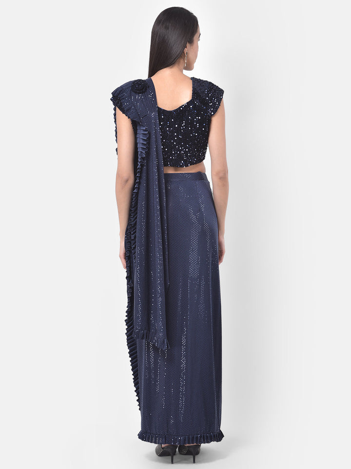 Neerus Blue solid ready to wear saree with blouse - back view