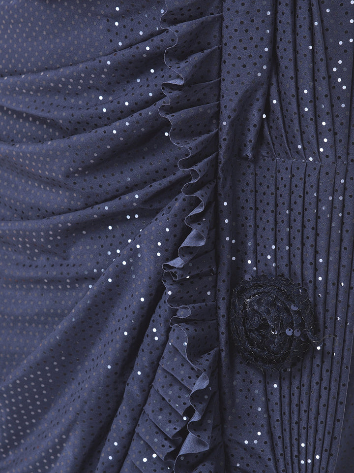 Neerus Blue solid ready to wear saree with blouse - side view