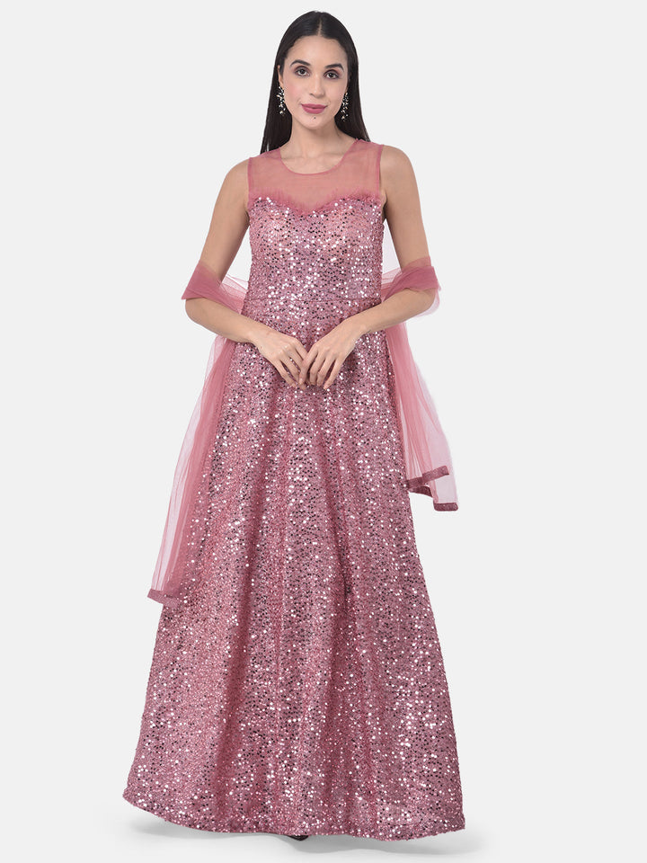 Neerus Pink net embellished gown - front view
