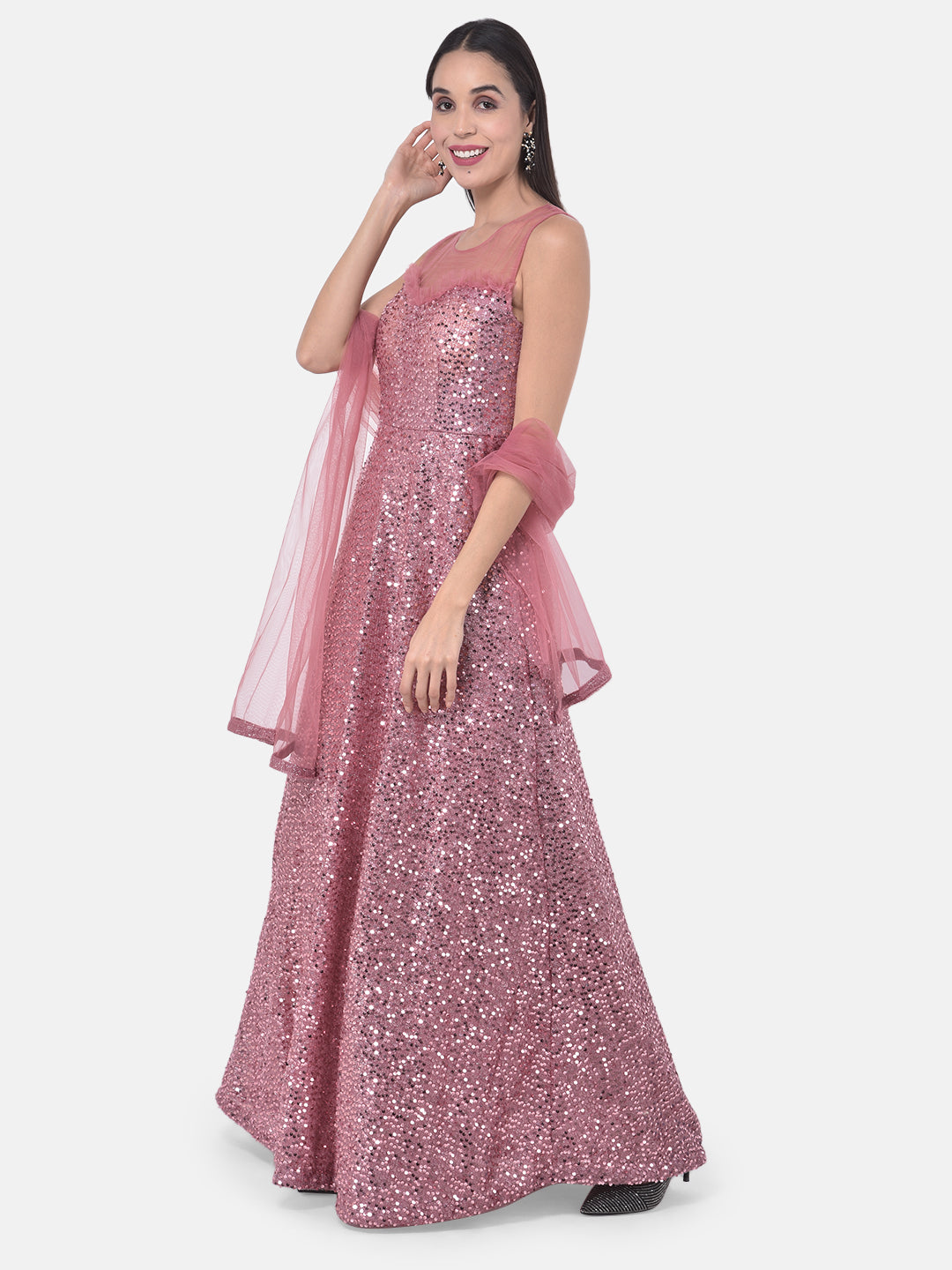Neerus Pink net embellished gown - side view