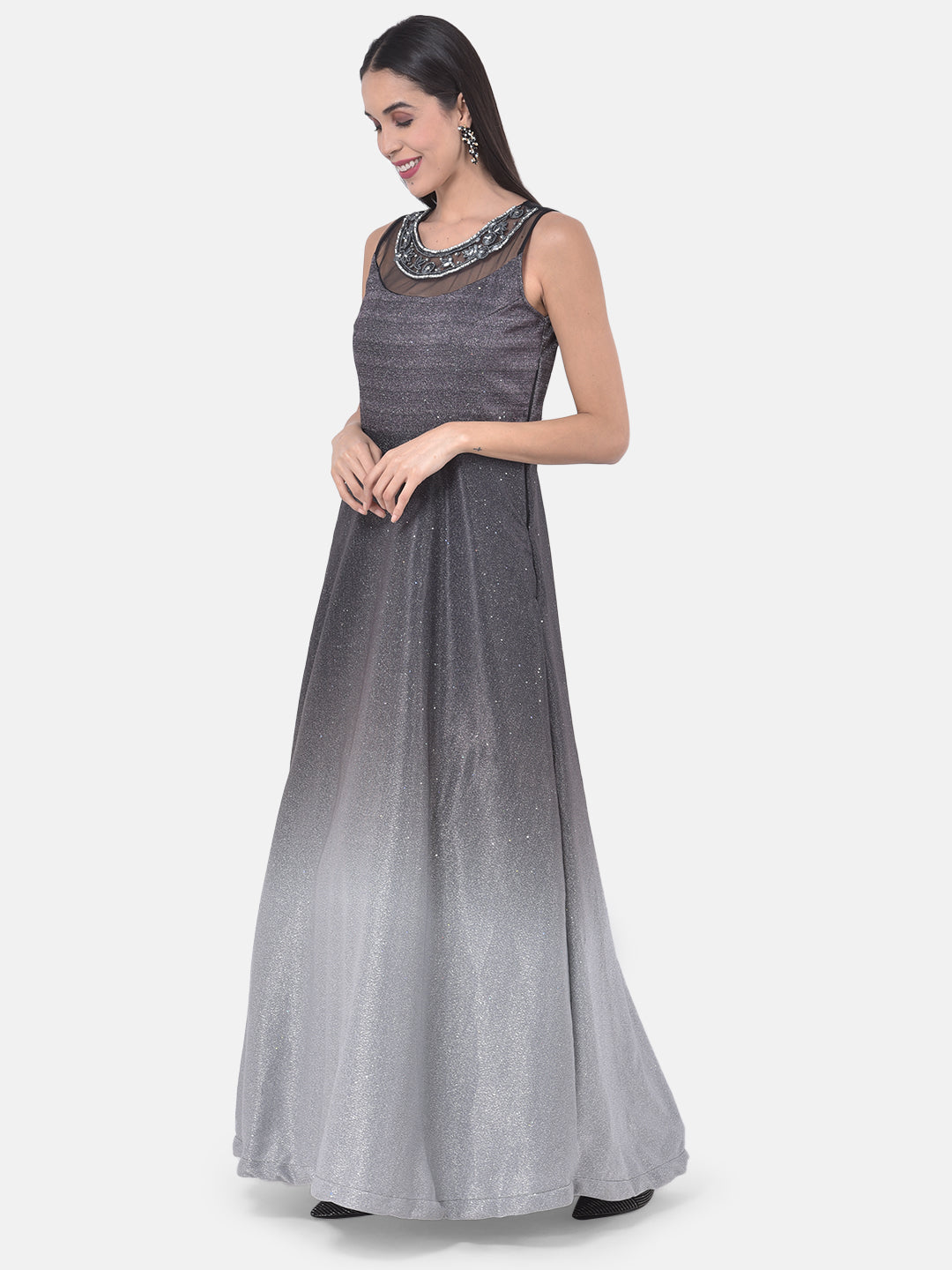 Neerus Black polyester embellished gown - back view