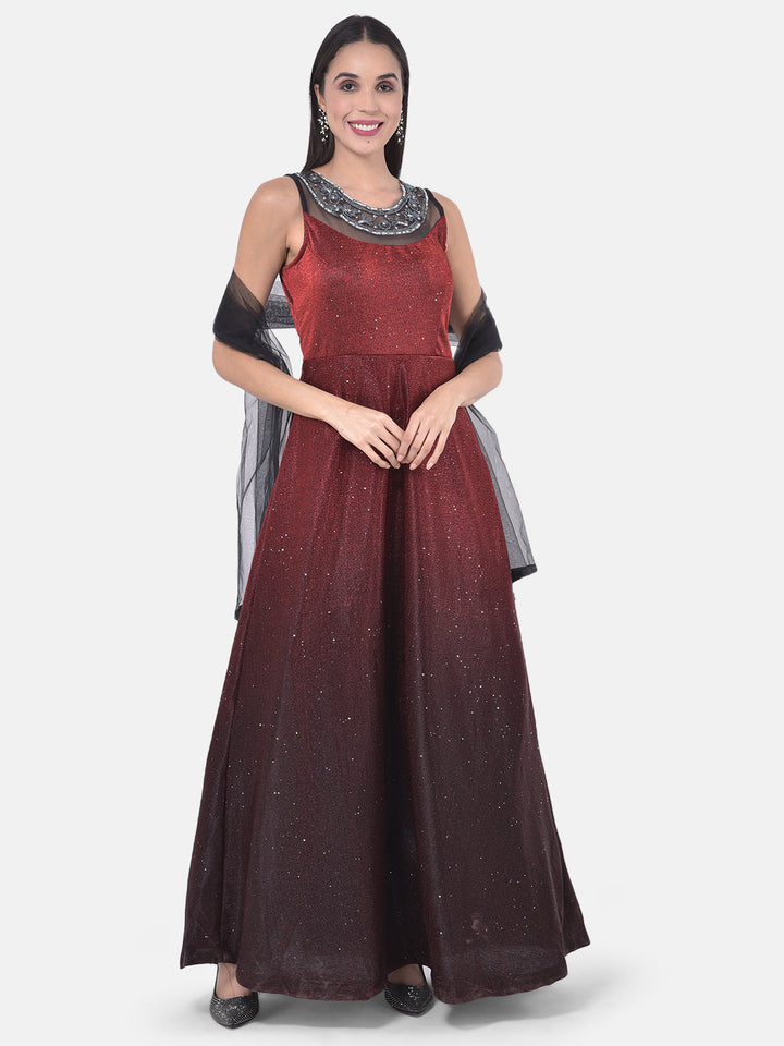 Neerus Maroon polyester embellished gown - detail view 4