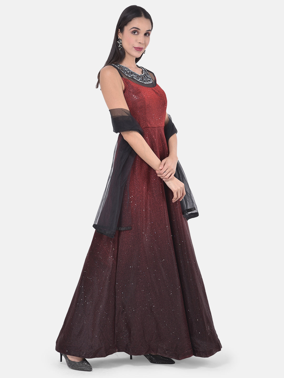 Neerus Maroon polyester embellished gown - front view