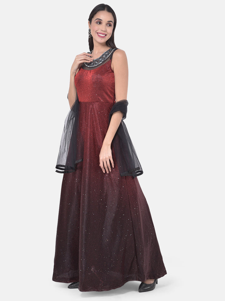 Neerus Maroon polyester embellished gown - back view
