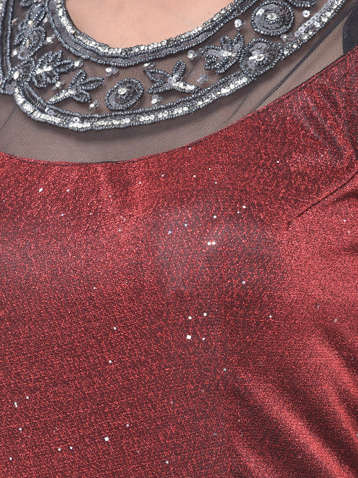 Neerus Maroon polyester embellished gown - detail view 1