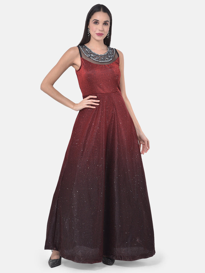 Neerus Maroon polyester embellished gown - detail view 3