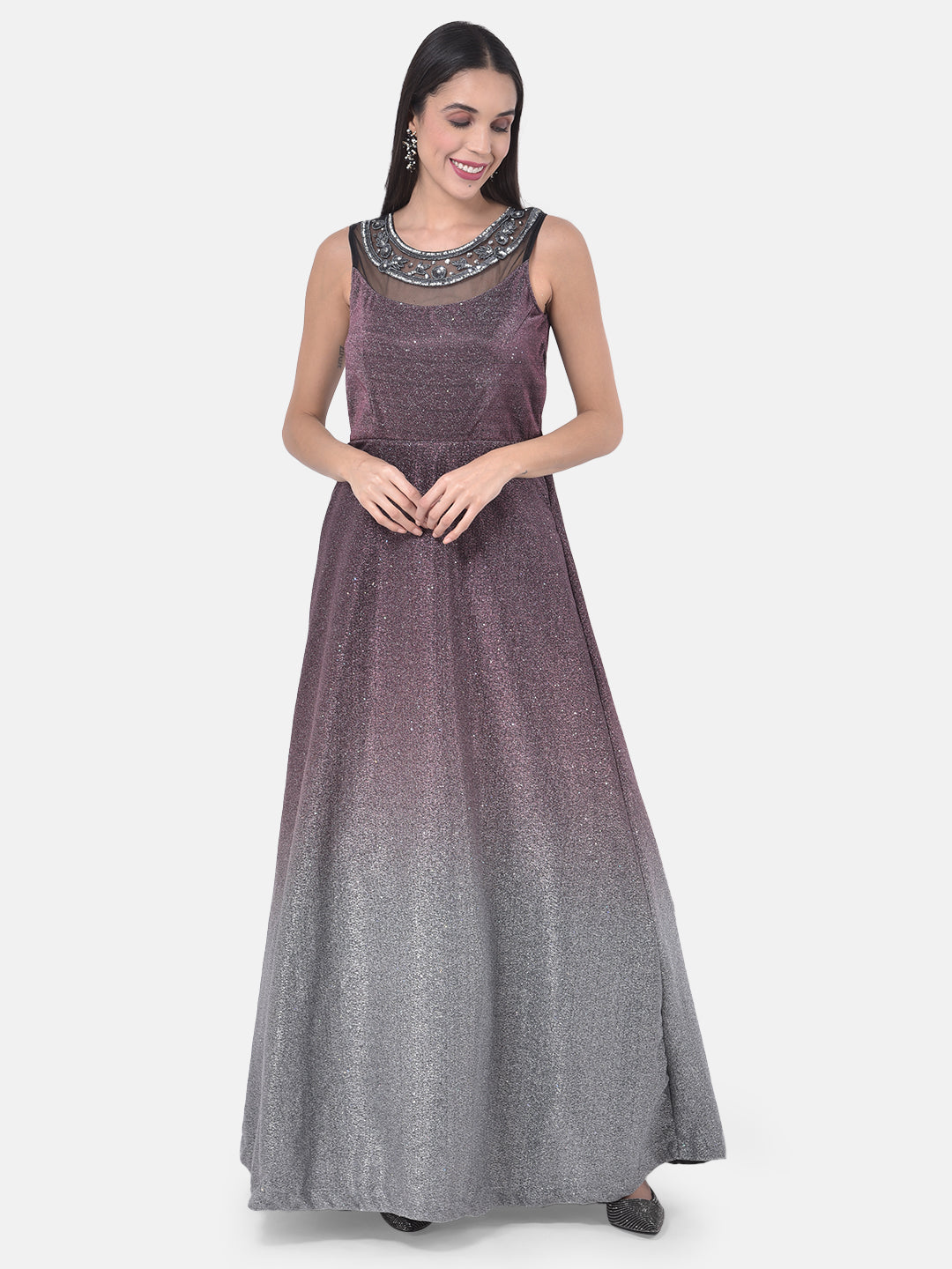 Neerus Maroon polyester embellished gown - detail view 2