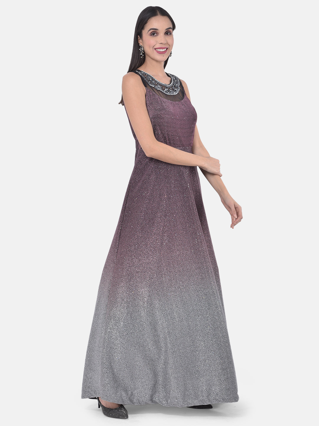 Neerus Maroon polyester embellished gown - front view