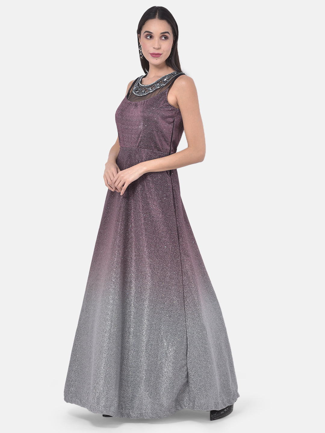 Neerus Maroon polyester embellished gown - back view