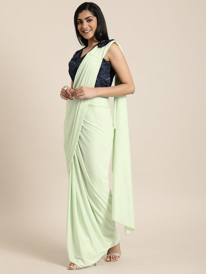 Neerus Green solid ready to wear saree with blouse - front view