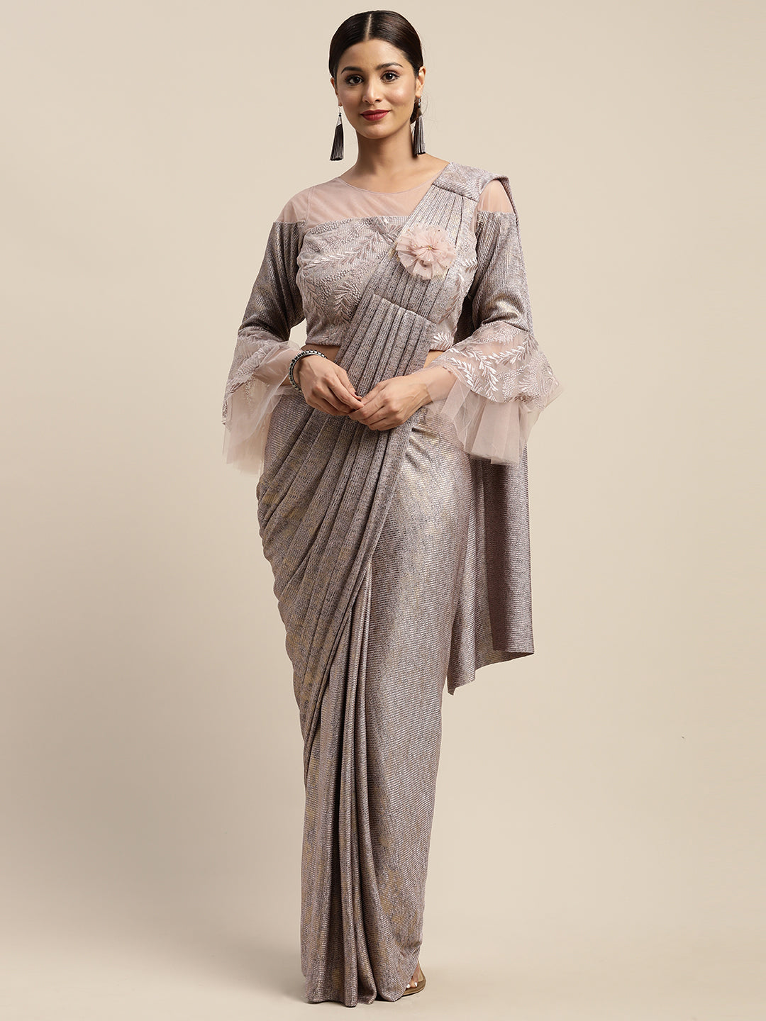 Neerus Pink viscose rayon drape saree with stitched blouse - detail view 5