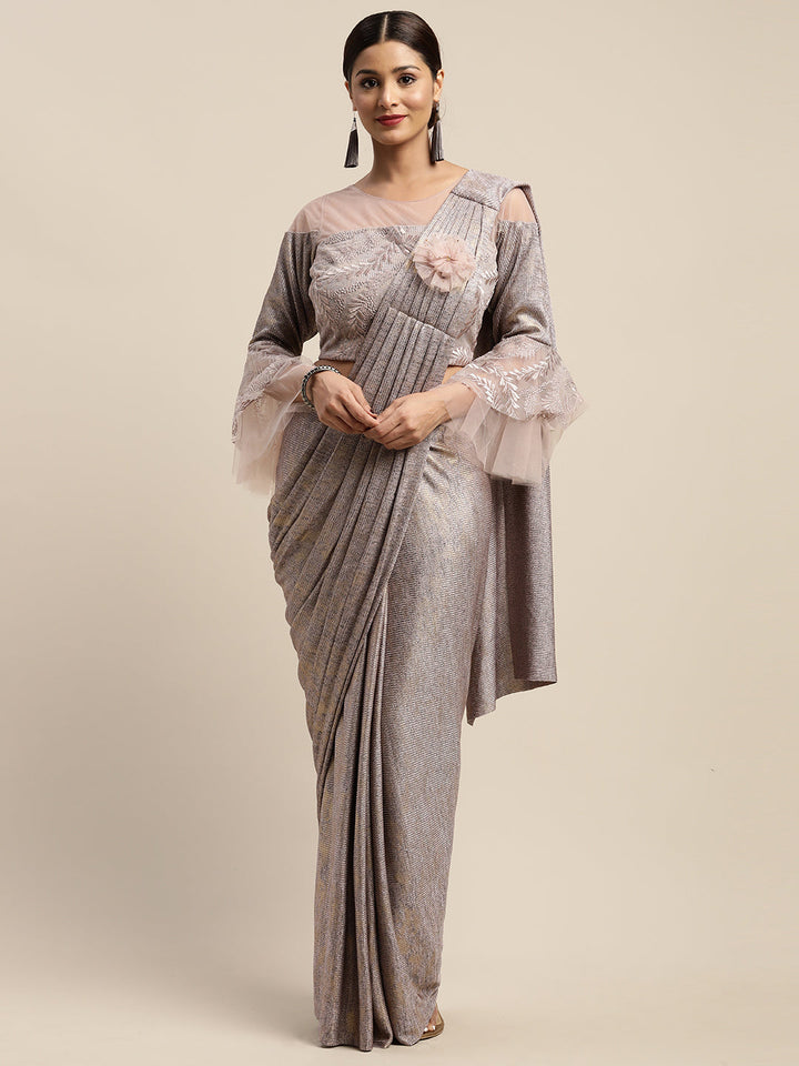 Neerus Pink viscose rayon drape saree with stitched blouse - detail view 5