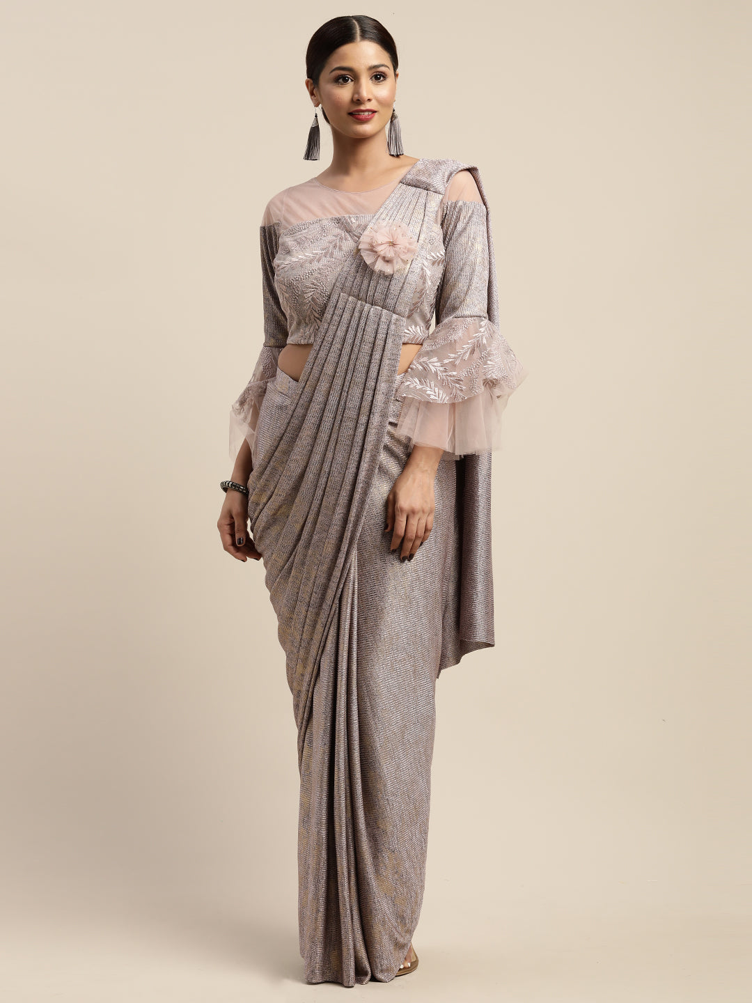 Neerus Pink viscose rayon drape saree with stitched blouse - back view