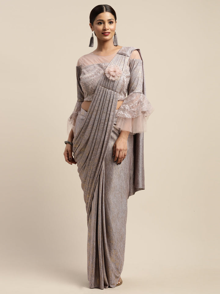 Neerus Pink viscose rayon drape saree with stitched blouse - back view