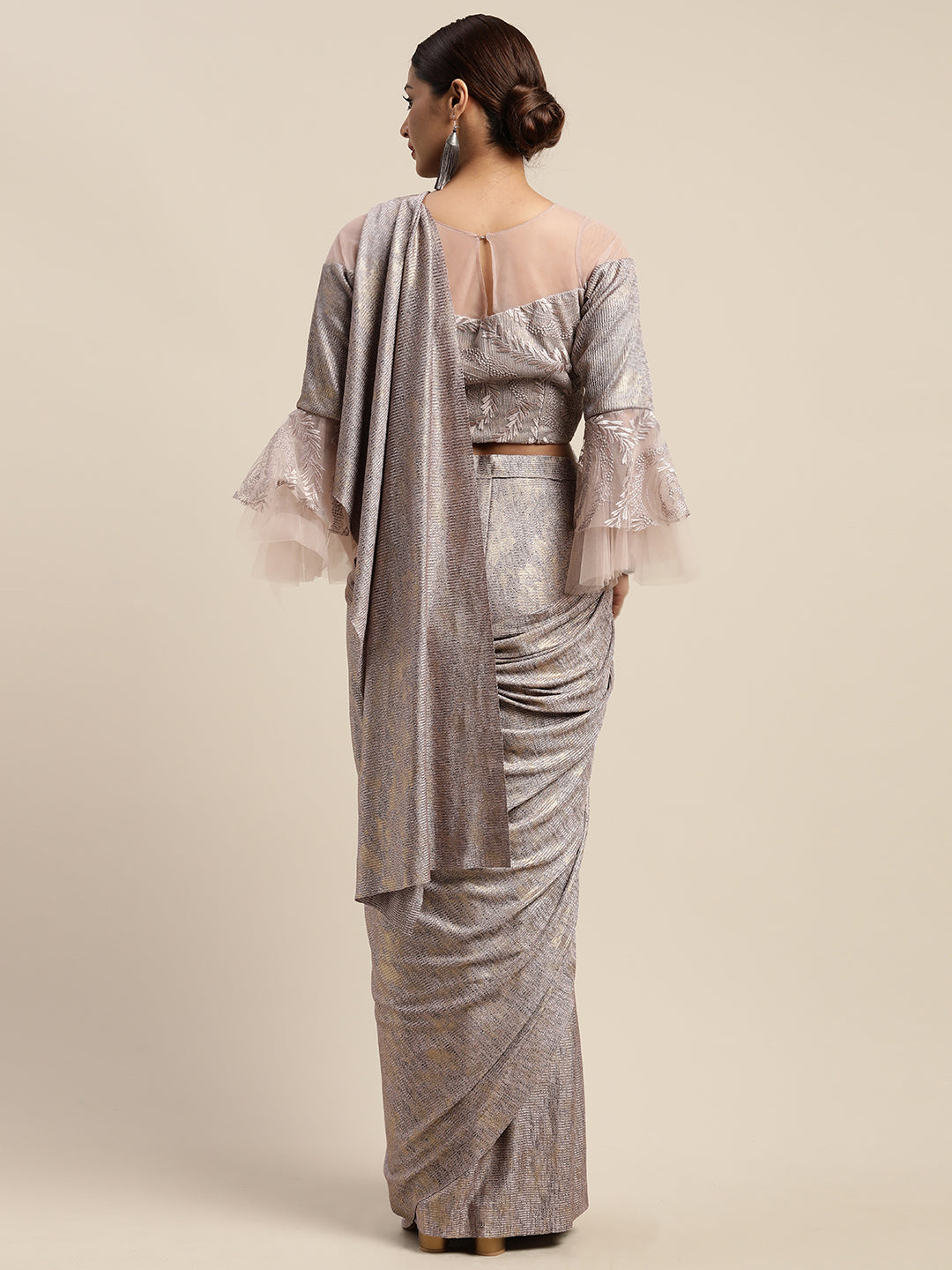 Neerus Pink viscose rayon drape saree with stitched blouse - side view