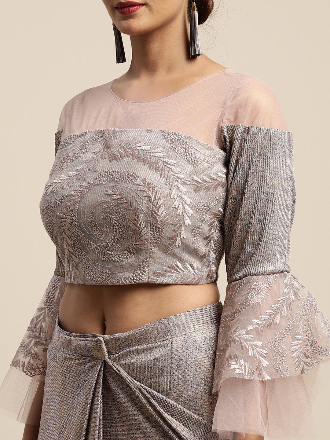 Neerus Pink viscose rayon drape saree with stitched blouse - detail view 3