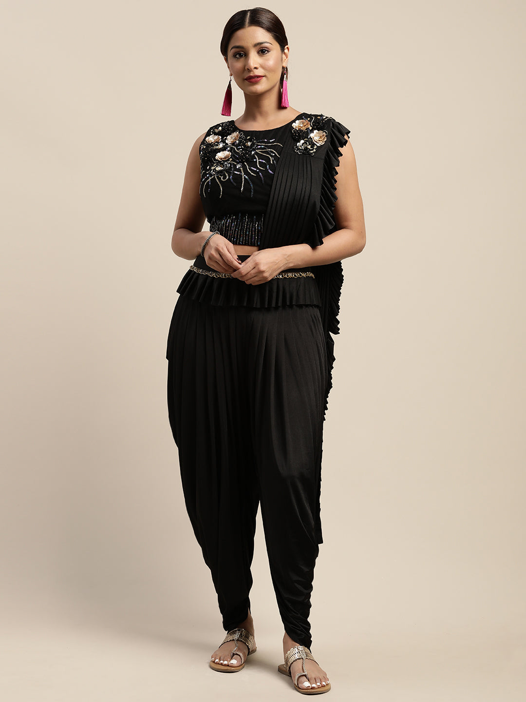 Neerus Black georgette solid ready to wear saree - detail view 5