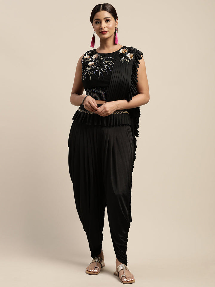 Neerus Black georgette solid ready to wear saree - detail view 5