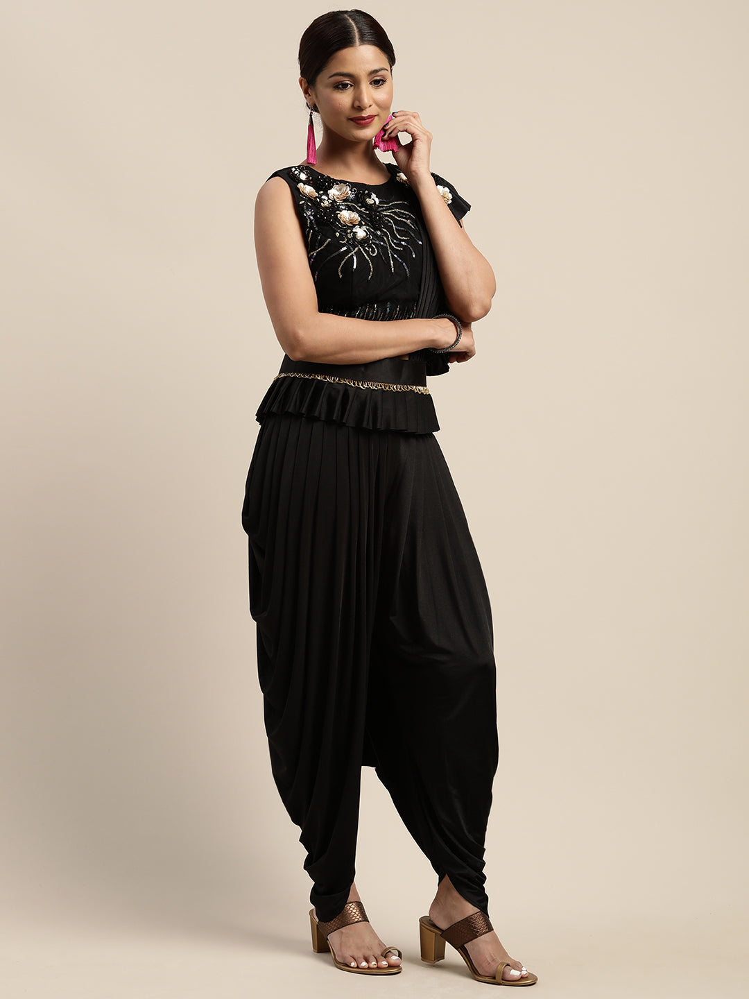 Neerus Black georgette solid ready to wear saree - back view