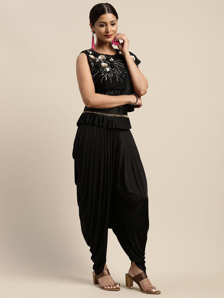 Neerus Black georgette solid ready to wear saree - back view