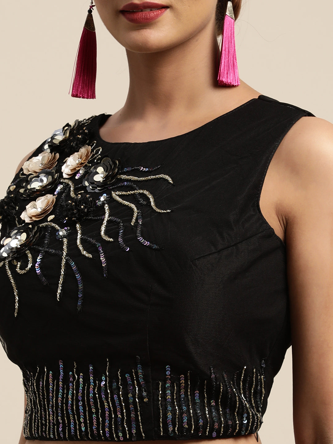 Neerus Black georgette solid ready to wear saree - detail view 2