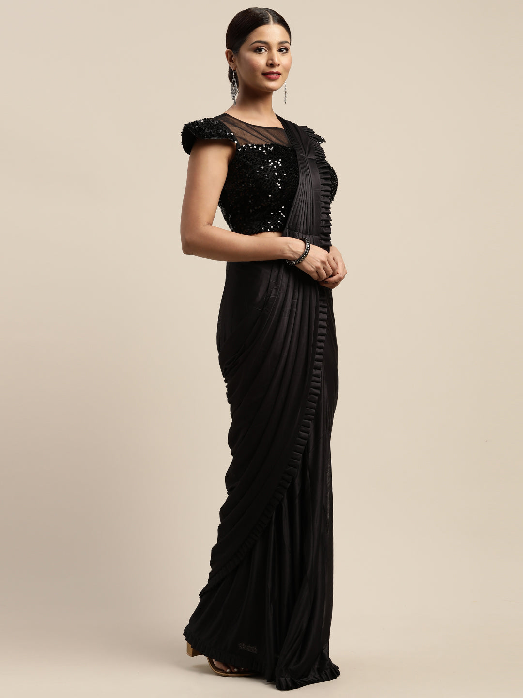 Neerus Black solid ready to wear saree with blouse - detail view 4