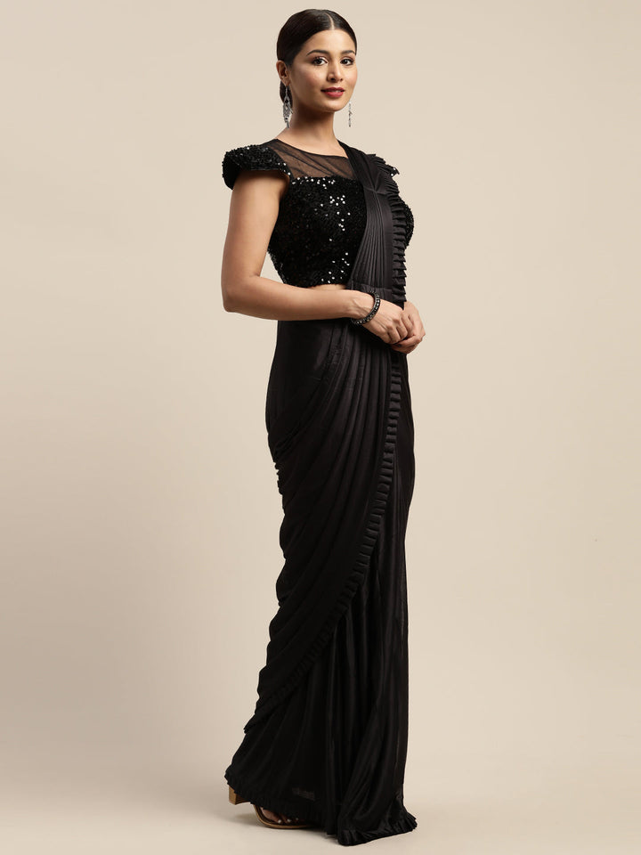 Neerus Black solid ready to wear saree with blouse - detail view 4