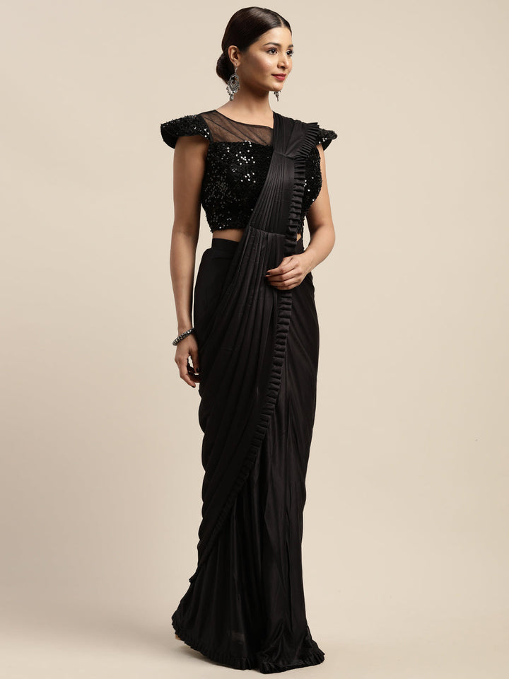 Neerus Black solid ready to wear saree with blouse - front view