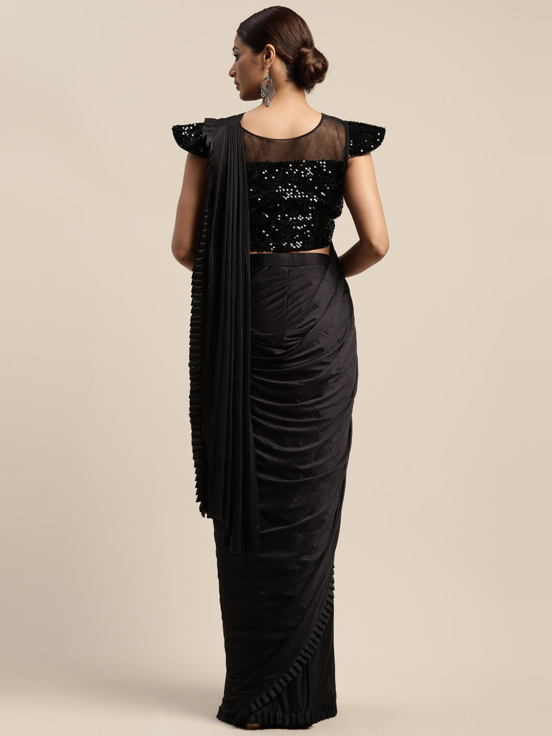 Neerus Black solid ready to wear saree with blouse - back view