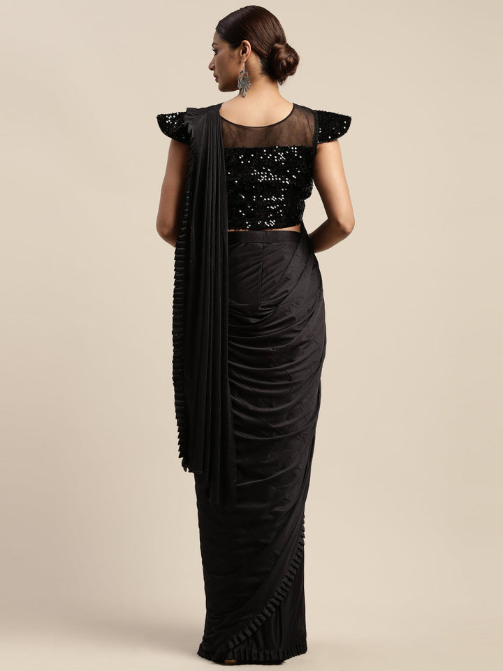 Neerus Black solid ready to wear saree with blouse - back view