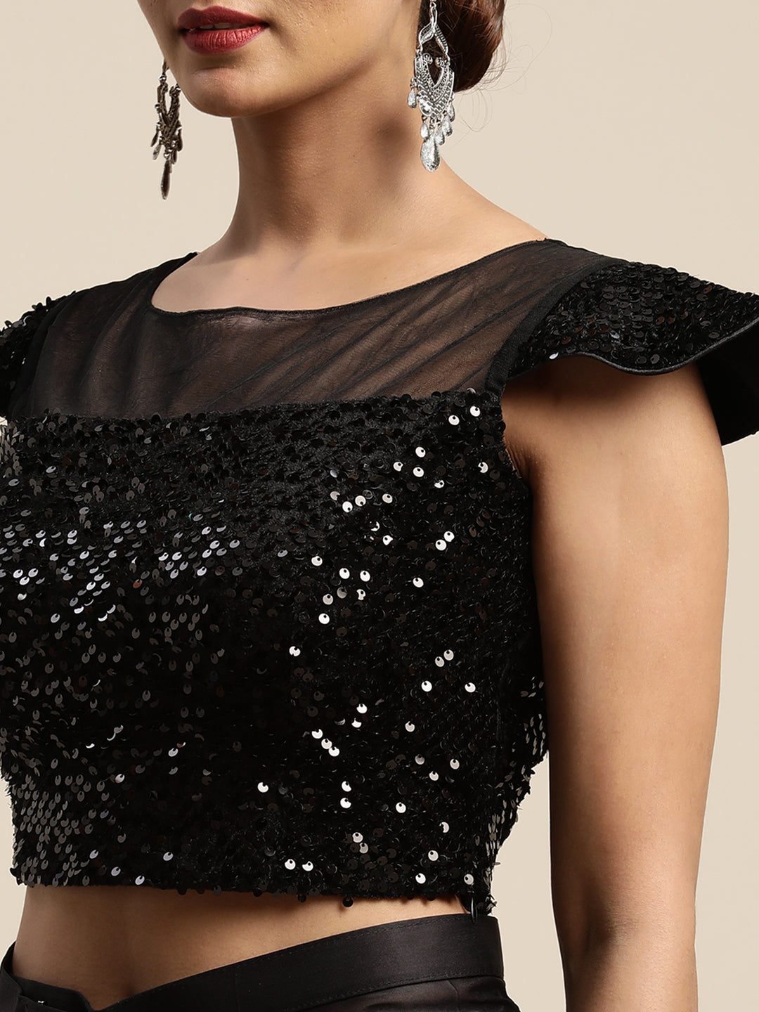 Neerus Black solid ready to wear saree with blouse - detail view 2