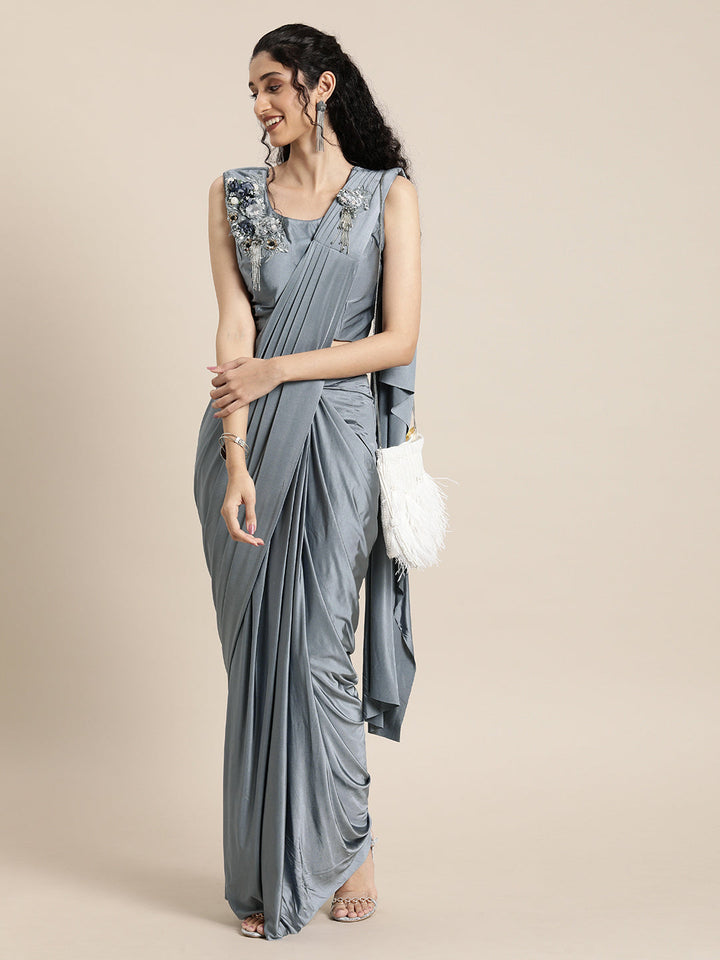 Neerus Grey georgette solid ready to wear saree - front view