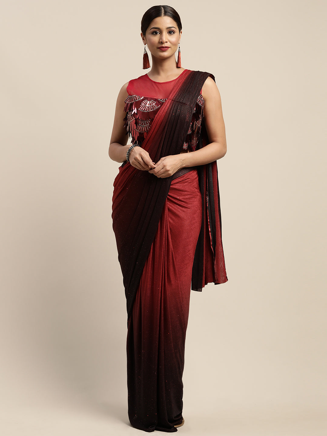 Neerus Red solid ready-to-wear saree with blouse - detail view 5