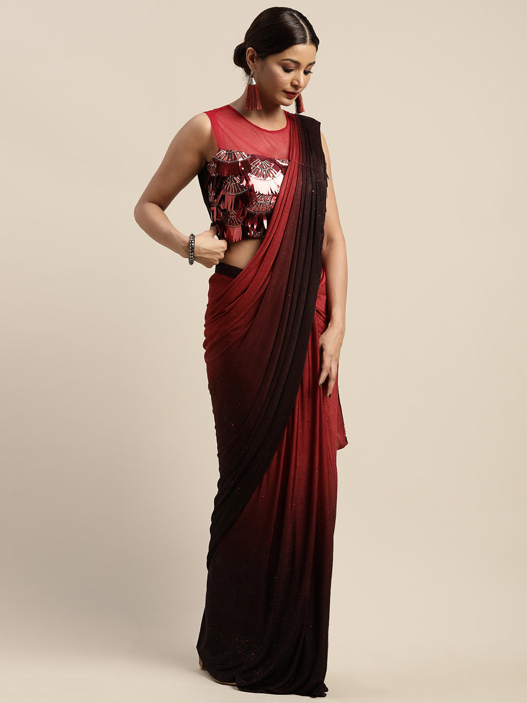 Neerus Red solid ready-to-wear saree with blouse - back view