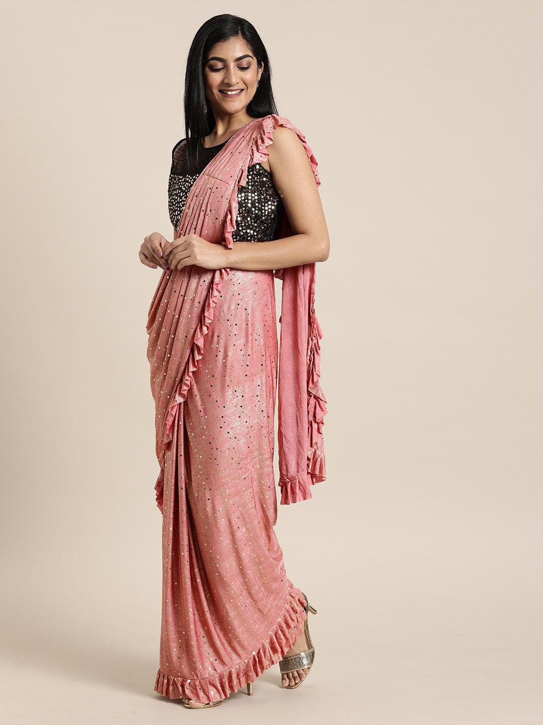 Neerus Orange polyester drape saree - front view