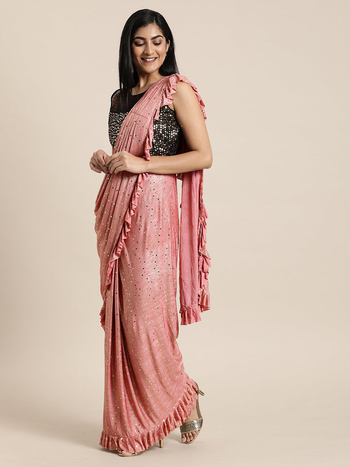 Neerus Orange polyester drape saree - front view