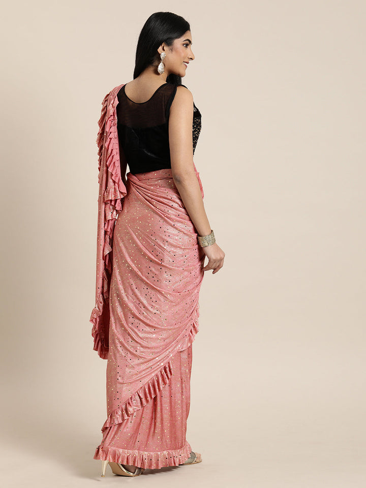 Neerus Orange polyester drape saree - back view