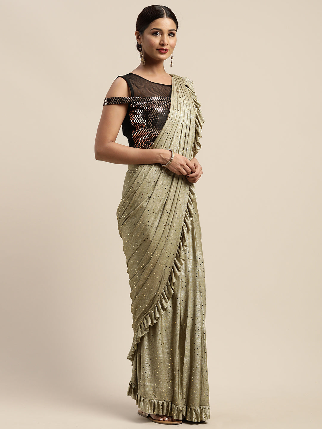 Neerus Green viscose rayon drape saree with stitched blouse - detail view 1