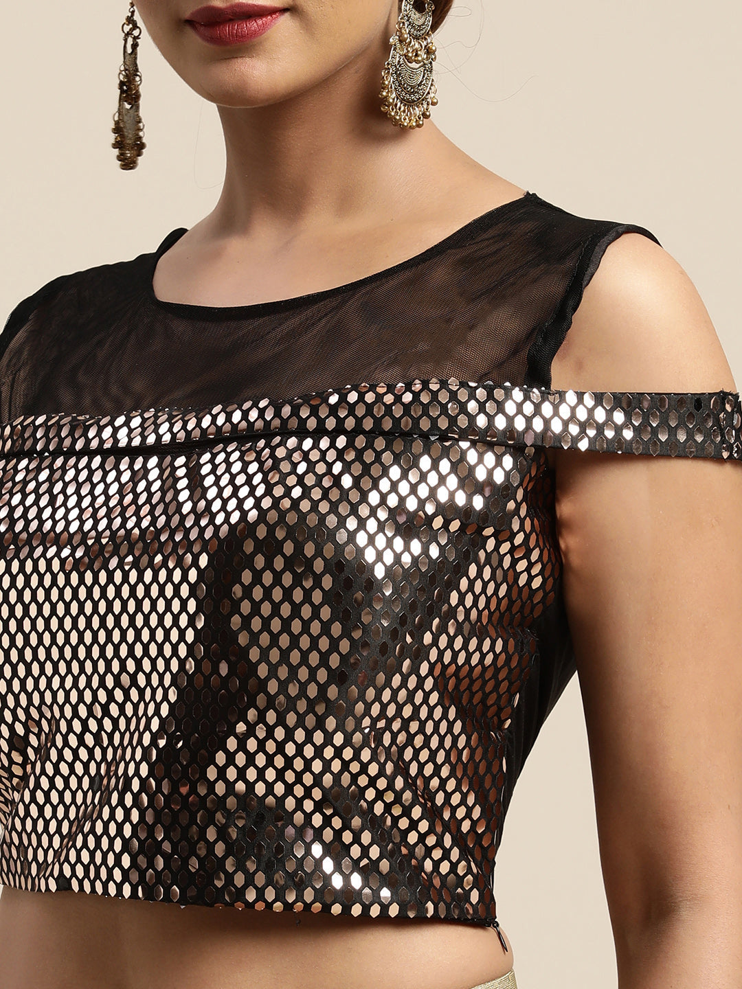 Neerus Green viscose rayon drape saree with stitched blouse - detail view 2