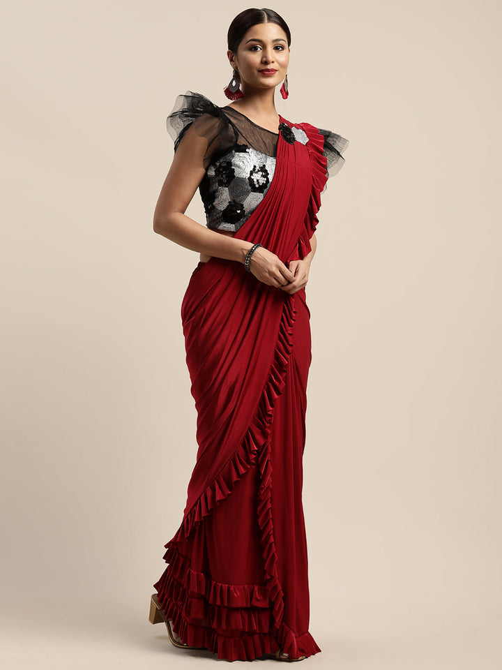 Neerus Red Georgette Solid Ready To Wear Saree - detail view 4