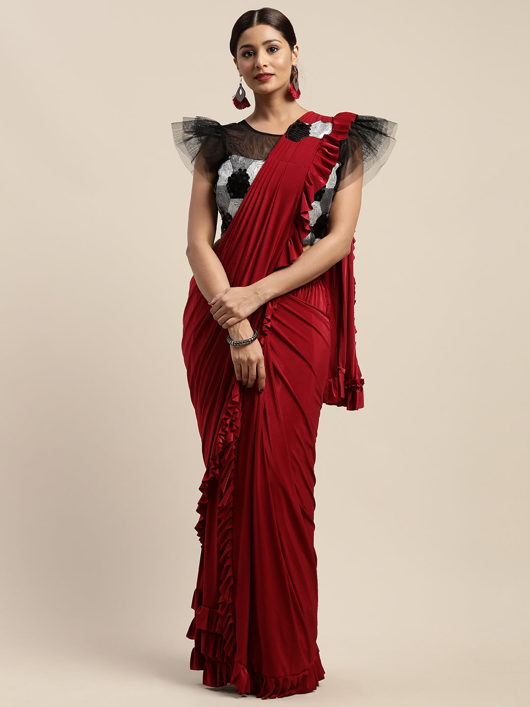 Neerus Red Georgette Solid Ready To Wear Saree - front view
