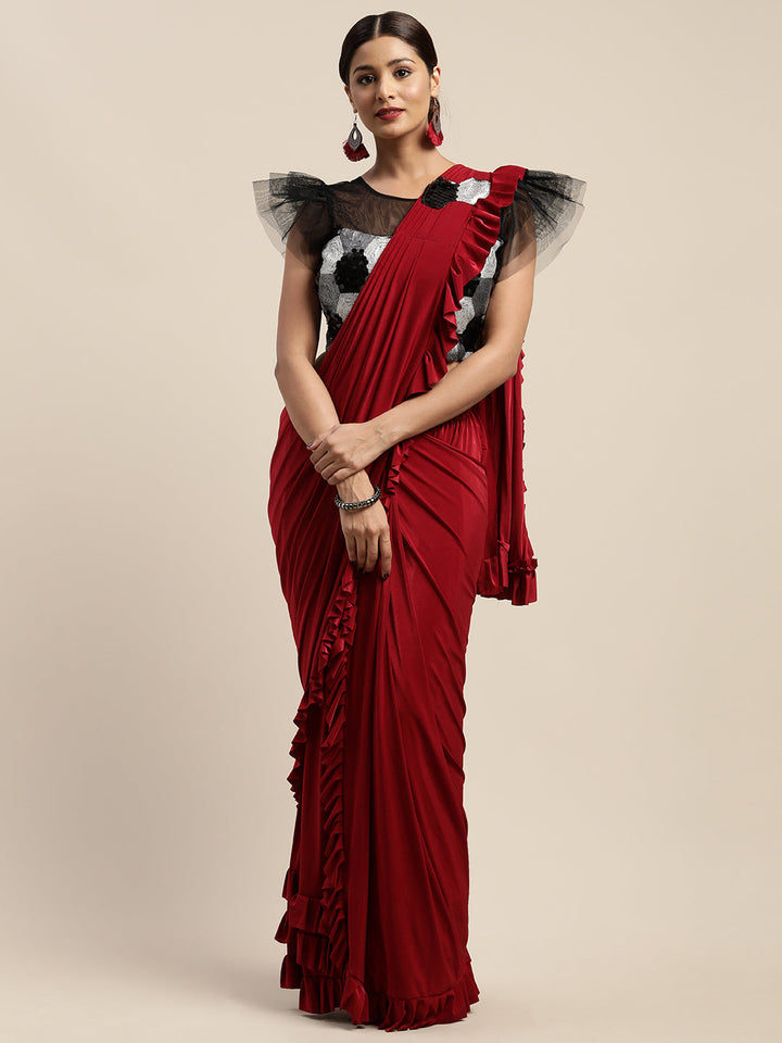 Neerus Red Georgette Solid Ready To Wear Saree - front view