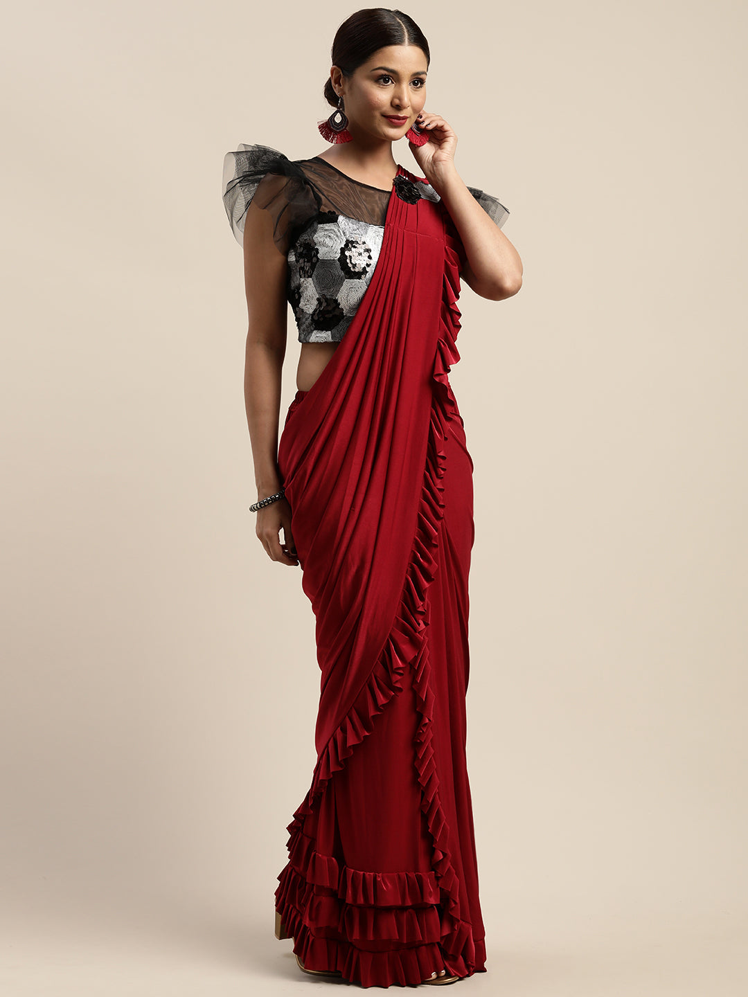 Neerus Red Georgette Solid Ready To Wear Saree - back view