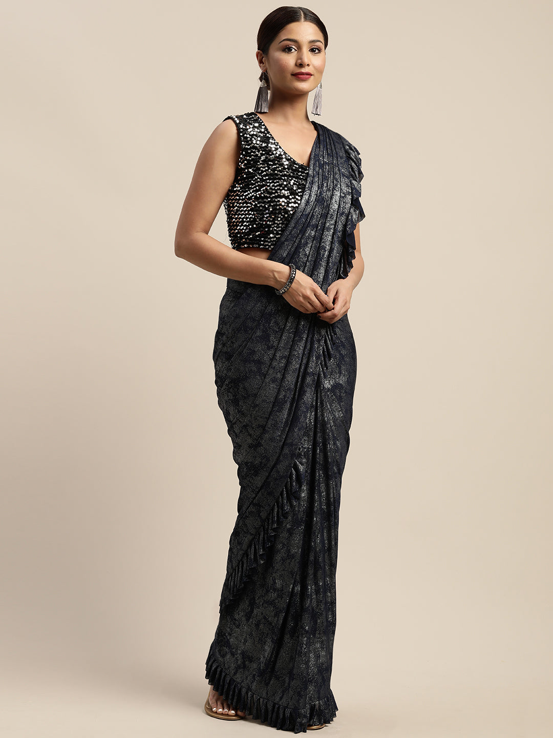 Neerus Blue printed ready to wear saree with blouse - detail view 5