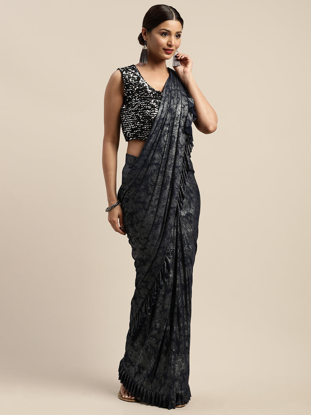 Neerus Blue printed ready to wear saree with blouse - front view