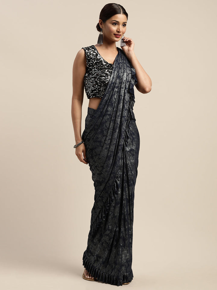 Neerus Blue printed ready to wear saree with blouse - front view