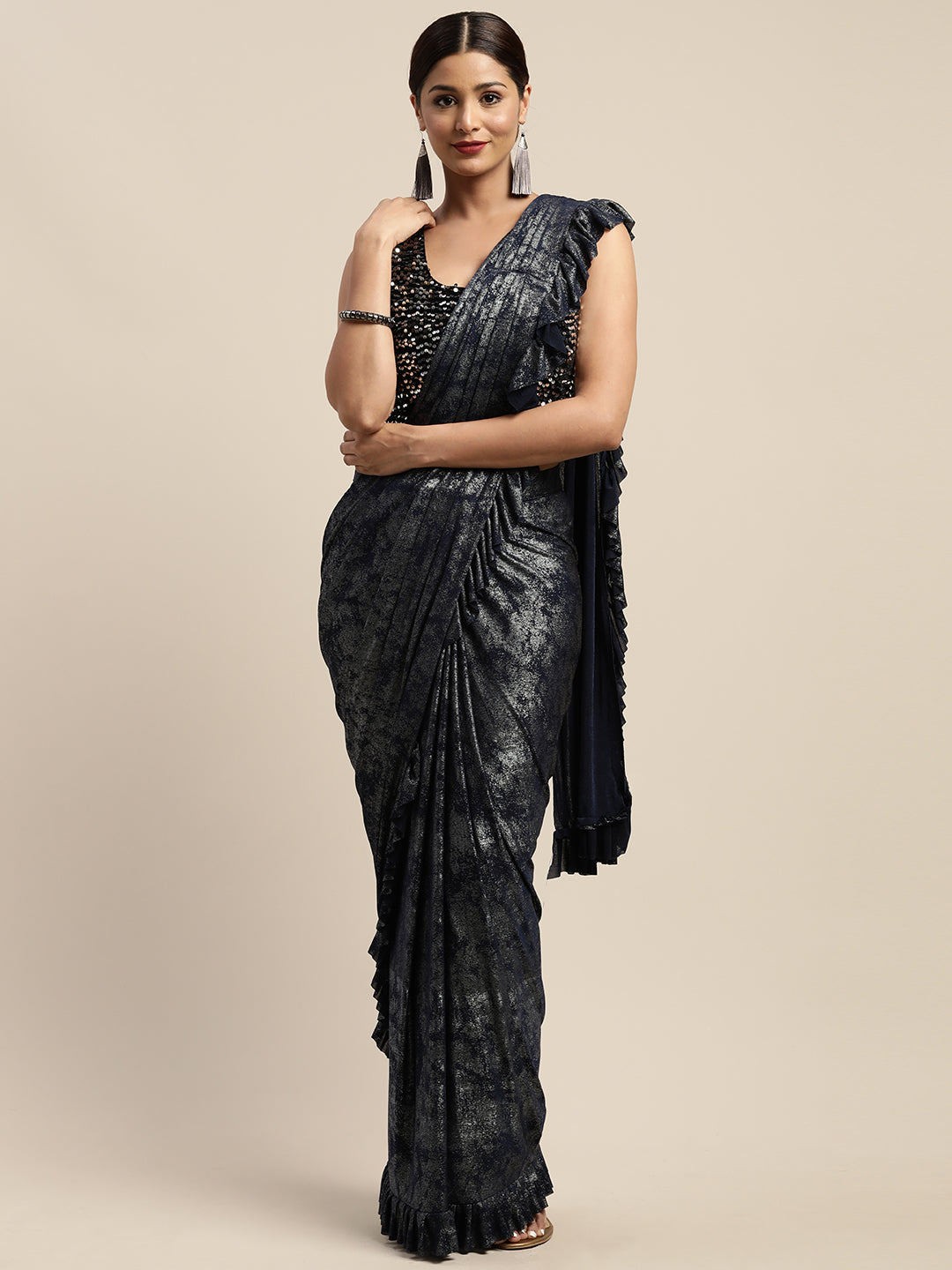 Neerus Blue printed ready to wear saree with blouse - back view