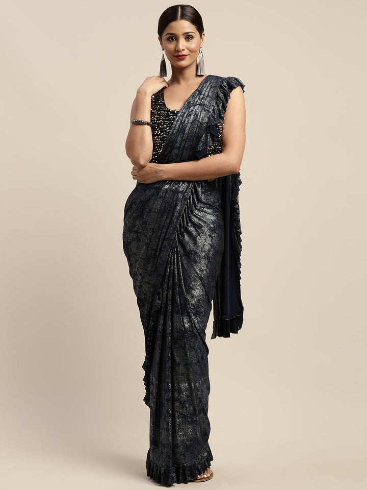 Neerus Blue printed ready to wear saree with blouse - back view