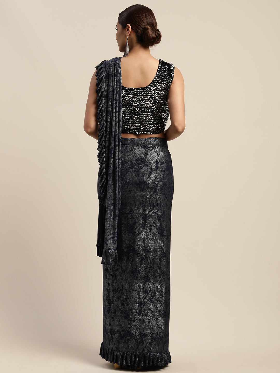 Neerus Blue printed ready to wear saree with blouse - side view