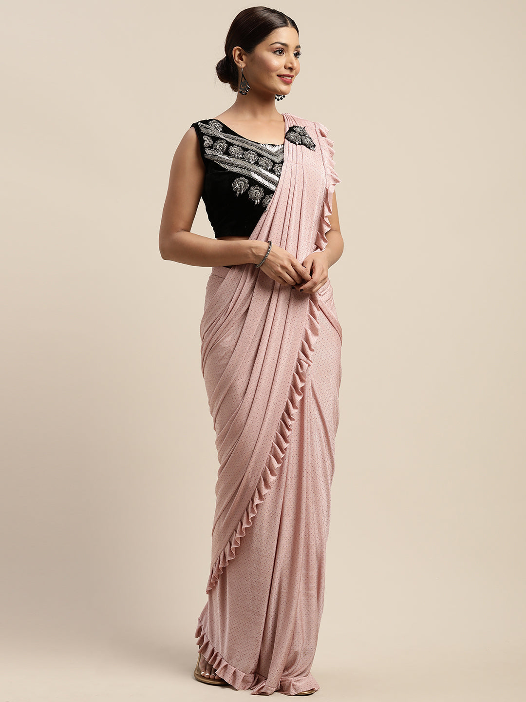 Neerus Orange embellished ready-to-wear saree with blouse - detail view 5